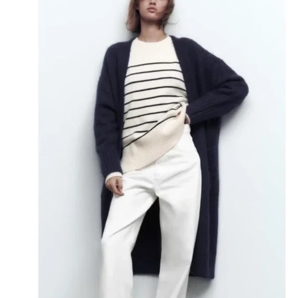 Zara Long Patch Pocket Cardigan Navy Sz M/L - Picture 4 of 12
